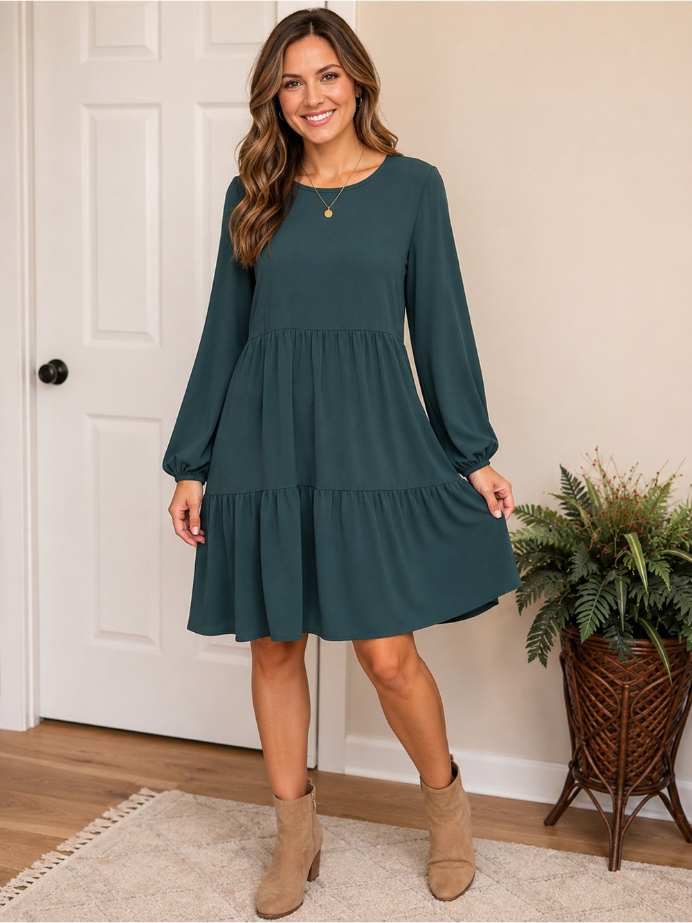 SHEIN Forest Green Long Sleeve Tiered Swing Dress | Size Medium
